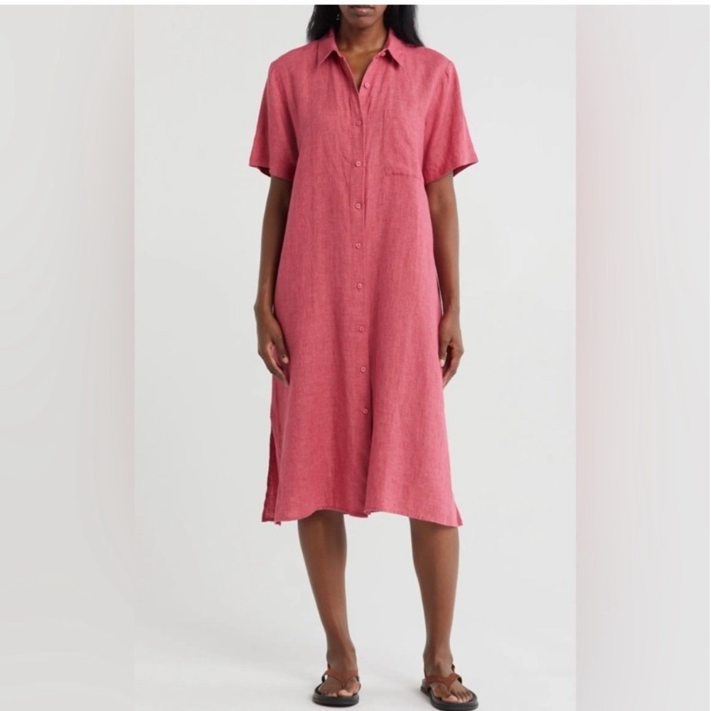Eileen Fisher Shirt Dress Womens XL Pink Excellent Organic Linen Button Front